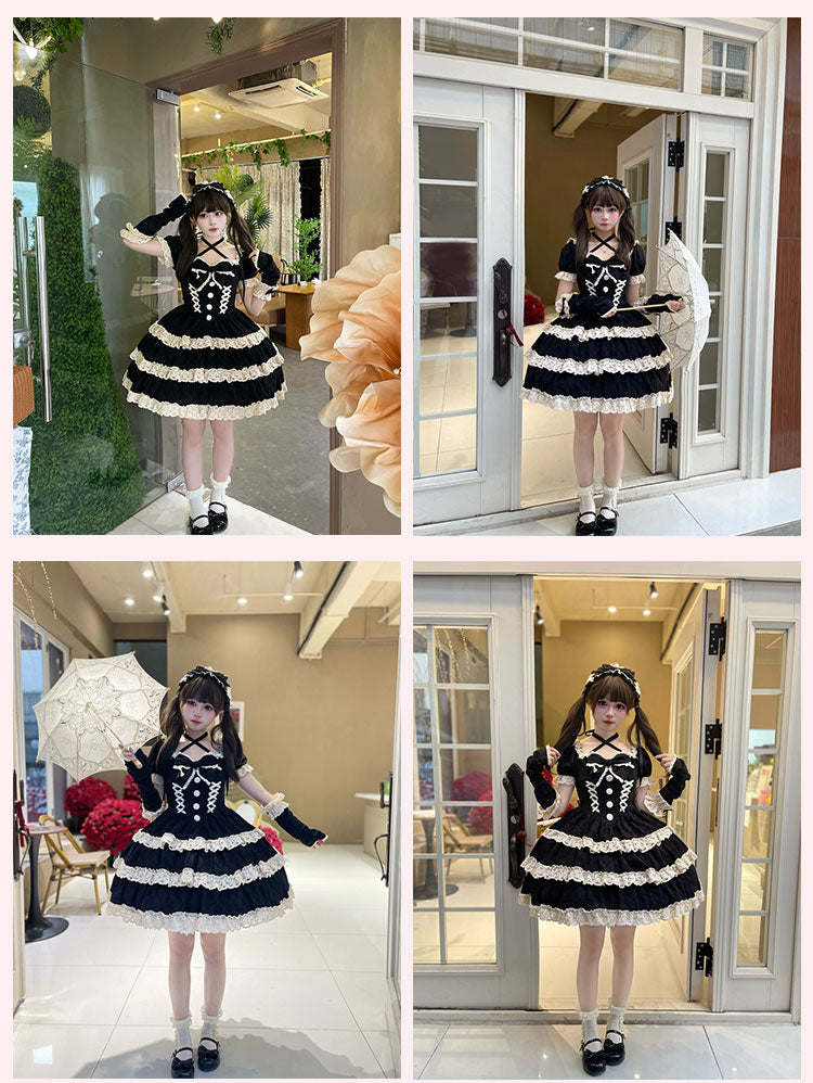 und Lolita-Taille, einteiliges Basken-Schulkleid aus Spitze, Beige, alter schwarzer Besatz