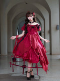Red Butterfly Rhinestone Detail Puff Sleeve Lolita Top and Asymmetrical Hem Skirt Set - Sweet Wood Lolita