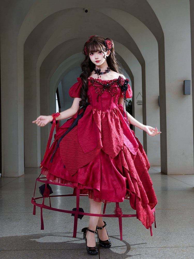 Red Butterfly Rhinestone Detail Puff Sleeve Lolita Top and Asymmetrical Hem Skirt Set - Sweet Wood Lolita