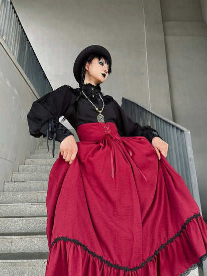 Red Boned High Waist Elegant Classic Lolita Skirt with Lace Trim