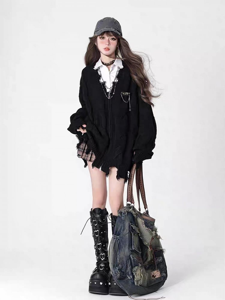 Cardigan Edgy Black Academiacore Zip-Up Knit