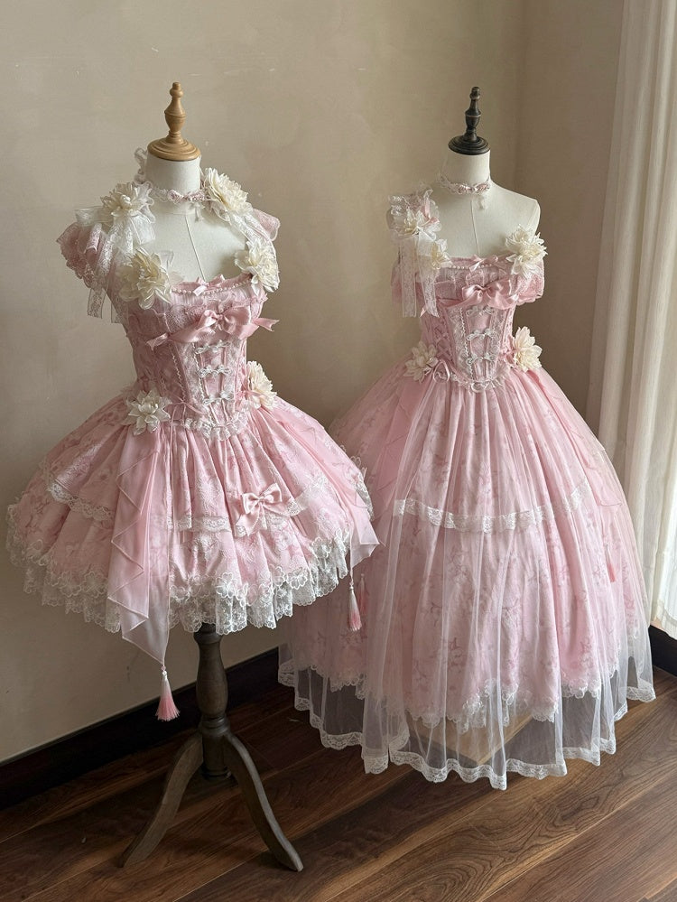 with Long Version Pink Jasmine-Embellished Buttons Top + Print Lolita Skirt Corset Frog Floral