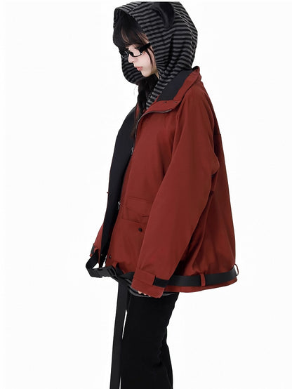 Red and Black Colorblock Sleeves Buckle Strap Unisex Jacket