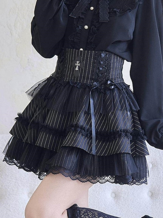 Black Skirt Tiered Lace and with Lace-up Details Striped Cross Ruffle Kei Jirai