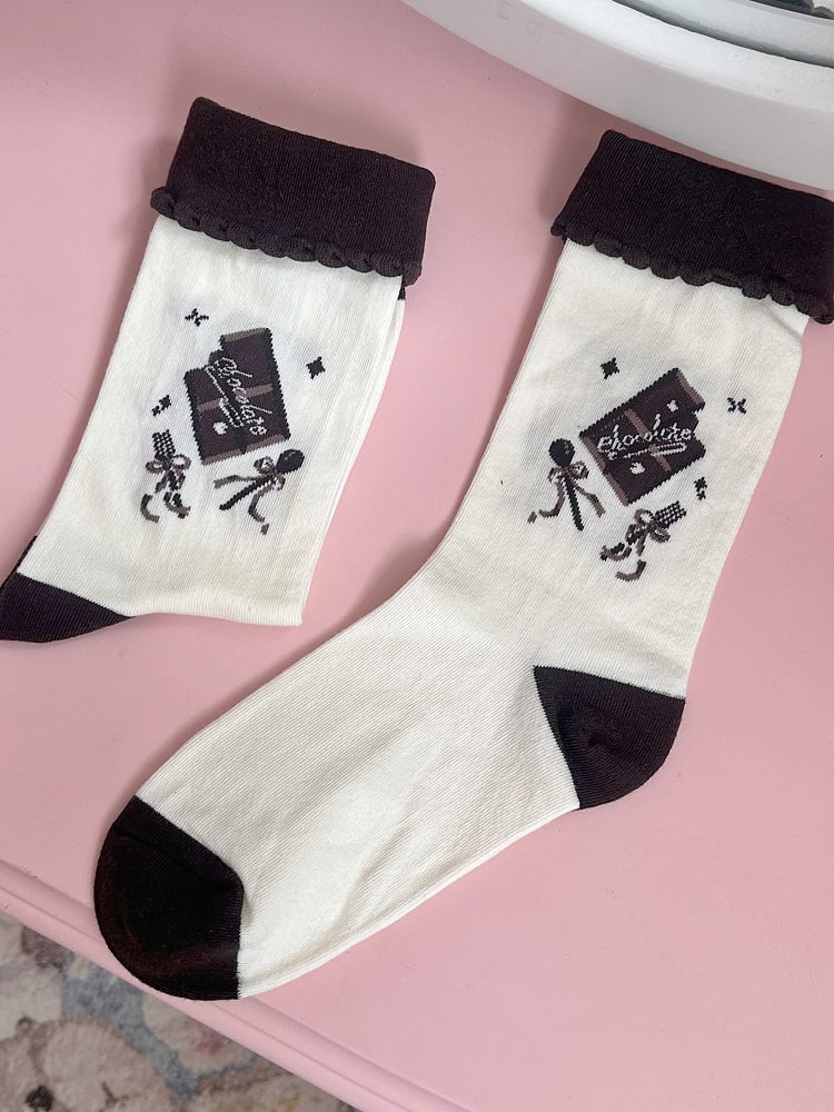 Socks Print Bowknot Lolita Calf White Details Chocolate