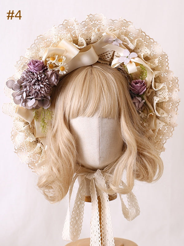 6 Optionen Cottagecore Country Lolita Bowknot Floral Bonnet
