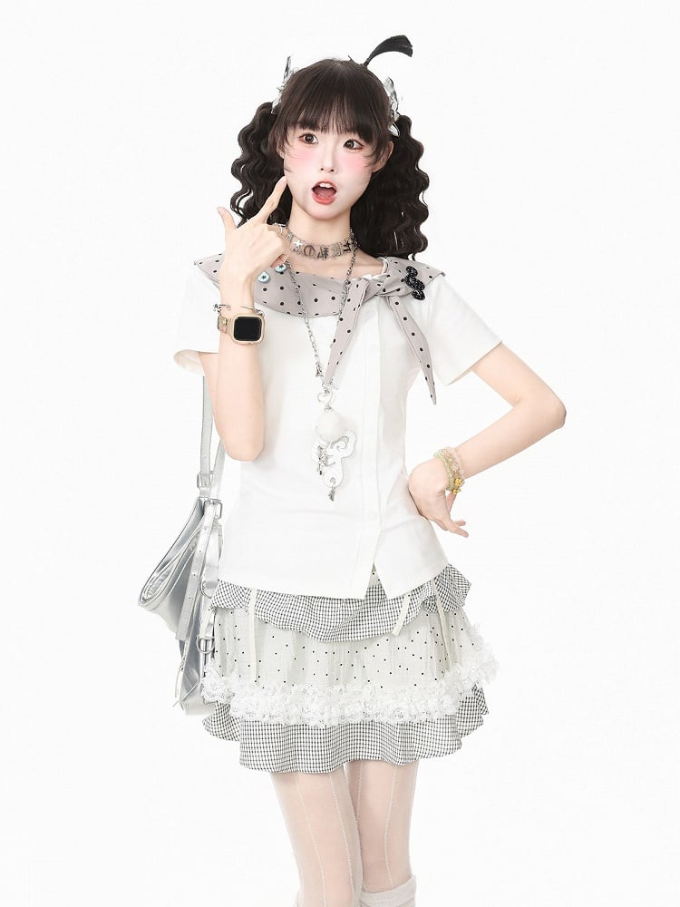 White Polka Dot Music Note Tie-Neck Top - Languid Park