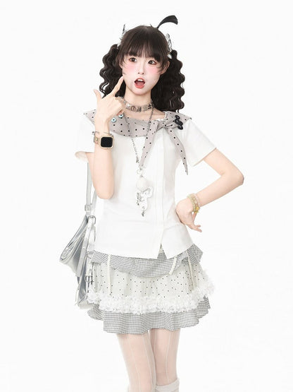 White Polka Dot Music Note Tie-Neck Top - Languid Park