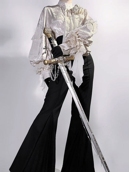 Beige Long Sleeves Jacquard Ouji Style Shirt with Rose and Bead Chains + Black High Waisted Flared Pants Set - Unknown Star