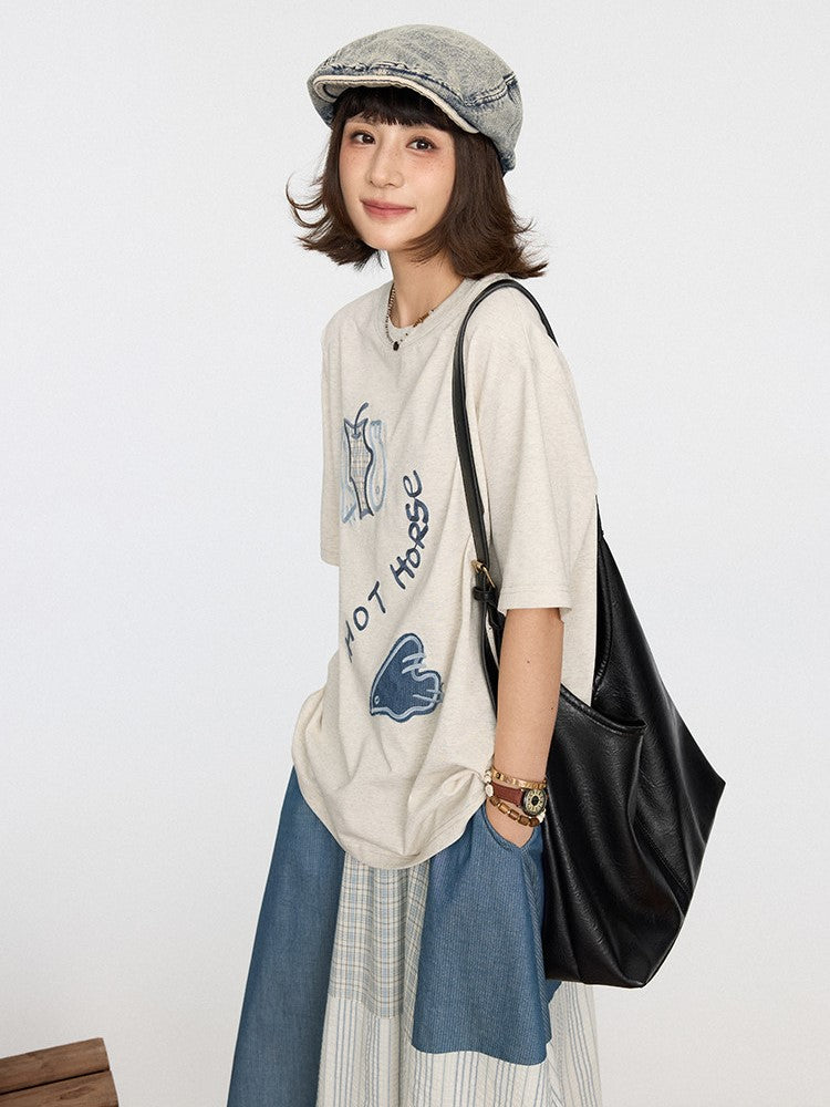 Gray Kawaii T-shirt Patch Details Embroidery Cute