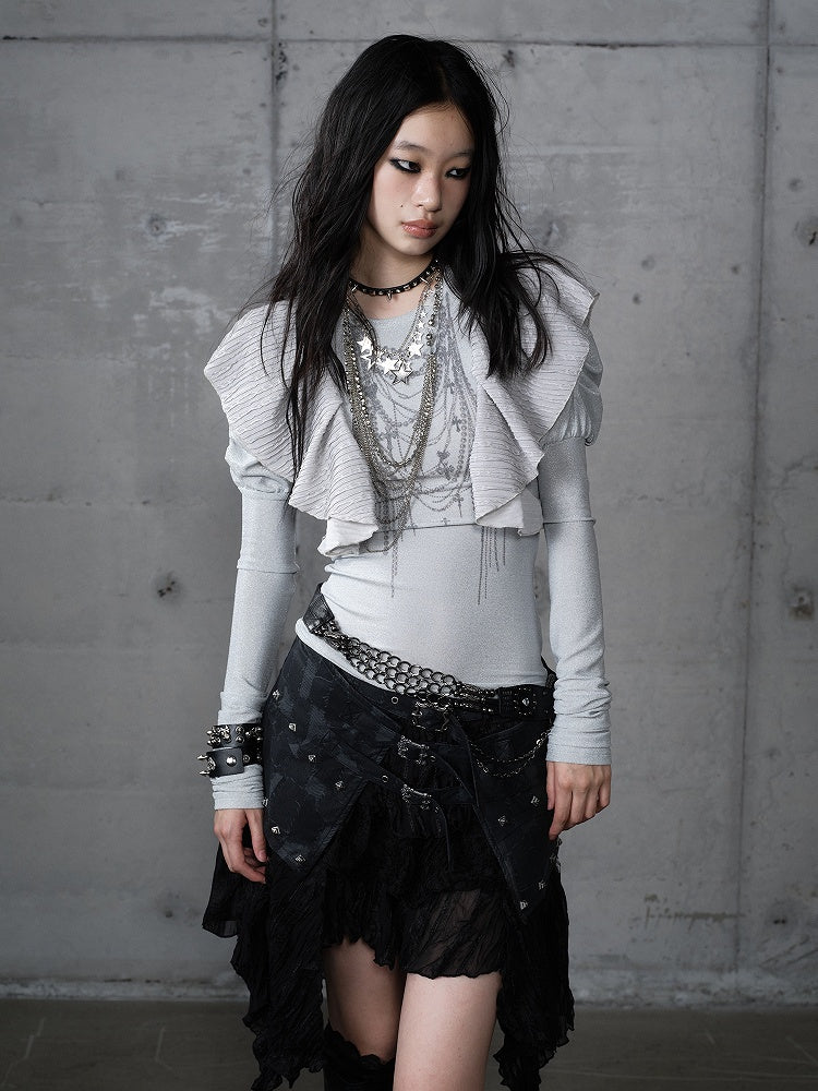 Chain Juliette Sleeves Flutter Blue Overlays Print Dusty with Top