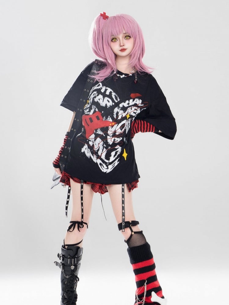 T-Shirt Rot mit Bass Print Schwarz und Graffiti Punk Weiß