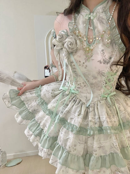 Lolita with Gentle Floral Green Halter Neck Dress Details Pattern Button Qipao-Style Lace
