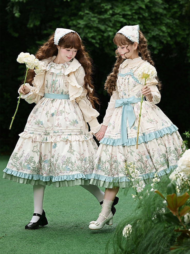 Bird Belt Sleeves Lolita Kei Dress Print and Floral Natural with Waist Long