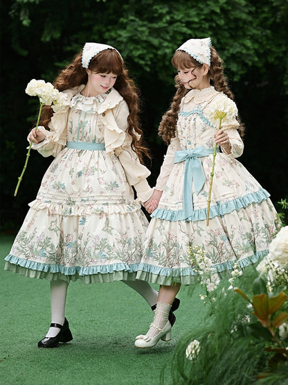 Bird Belt Sleeves Lolita Kei Dress Print and Floral Natural with Waist Long