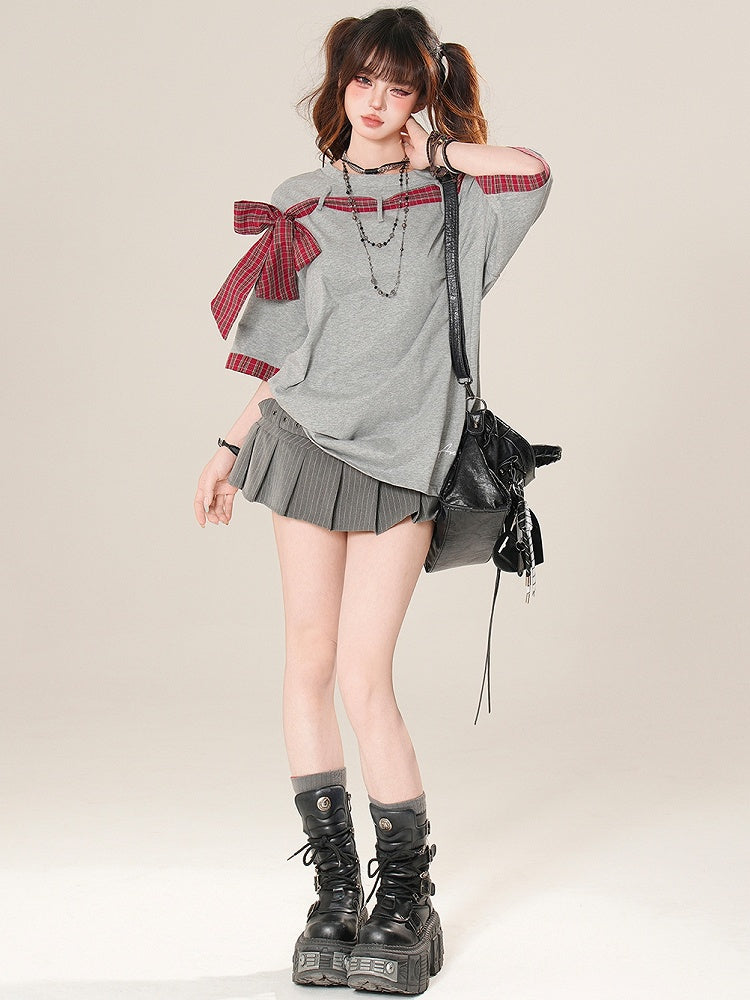 T-shirt Plaid Neckline Pattern Asymmetrical Bowknot Black/Gray