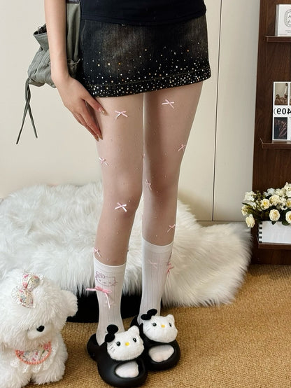 Decorated Tights Details Bowknot Beige/White/Nude Rhinestone