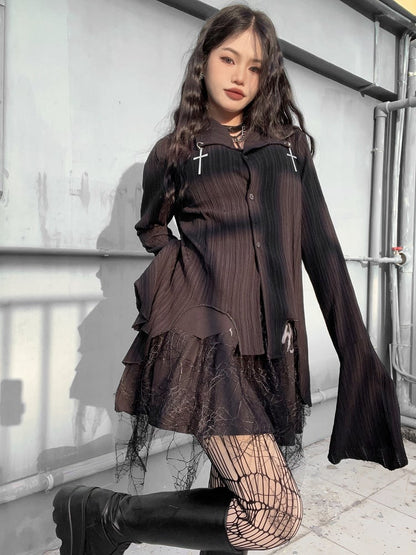 Shirt Cross Hem with Silver Punk Gothic Asymmetric Charms Black