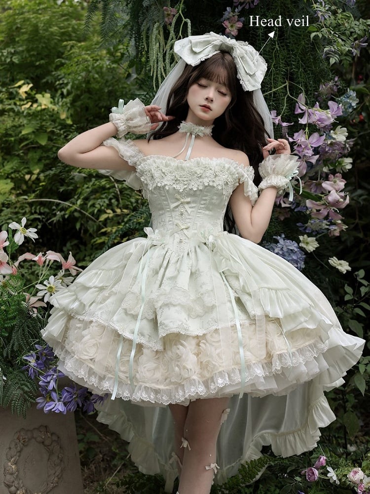 Flower with Lolita Jacquard Green Accents Layered Dress Lace Blooming Hime Mint Basque Waist Fluffy
