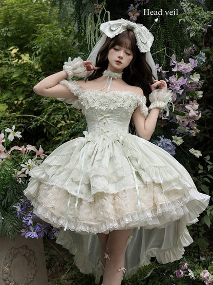 Flower with Lolita Jacquard Green Accents Layered Dress Lace Blooming Hime Mint Basque Waist Fluffy