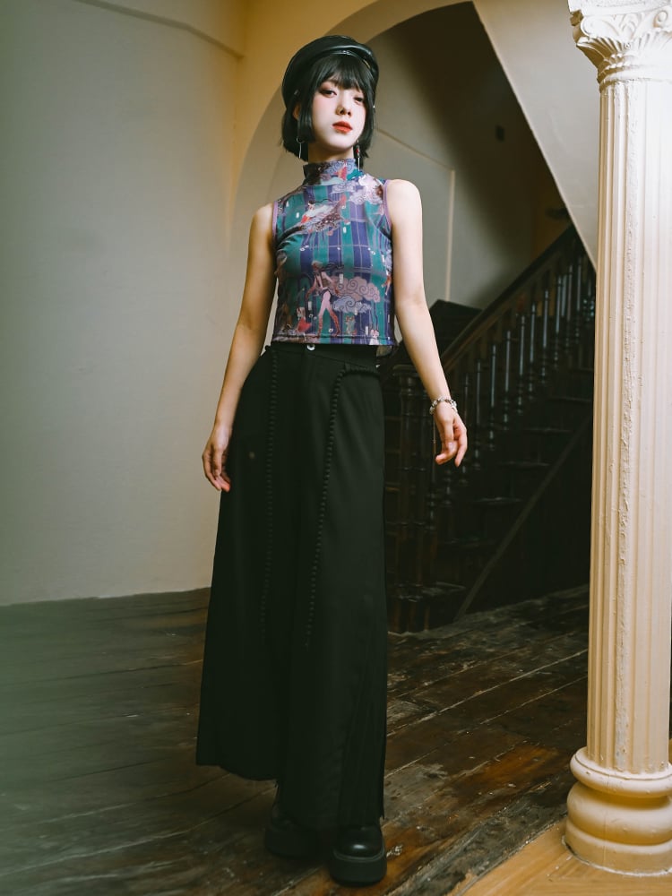 Black Version Wide-Leg Regular/Short Panel Pants Side with Cheongsam Cord Waist Pleated
