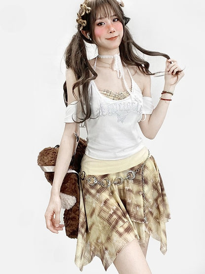 Pattern Rhinestone Plaid Neck Glamorous Top White Y2K Halter