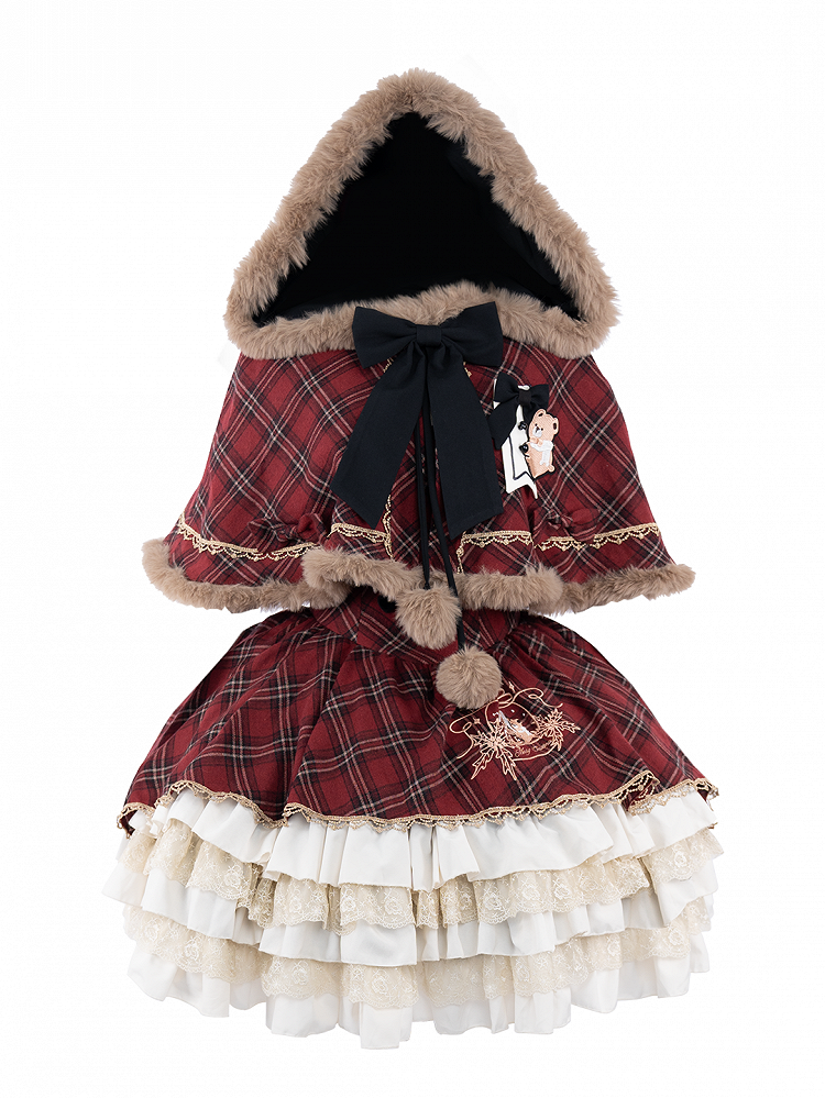 Red and Black Plaid Layered Lace Ruffled Sweet Lolita Dress +  Brown Faux Fur Trim Hooded Cape Set