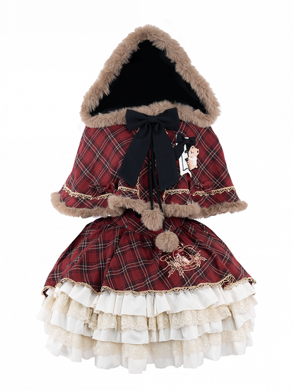 Red and Black Plaid Layered Lace Ruffled Sweet Lolita Dress +  Brown Faux Fur Trim Hooded Cape Set