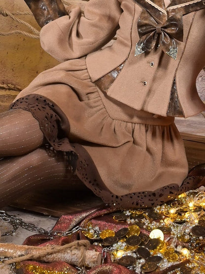 V-Waist with Skirt Khaki Hem Floral Cut-out Brown Suede Steampunk