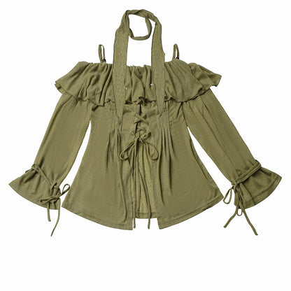 Ruffled Off-Shoulder Knit Top with Neck Scarf in Green - PINK SAVIOR