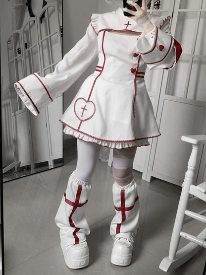 Yami Kawaii White Leg Warmers with Red Cross Design