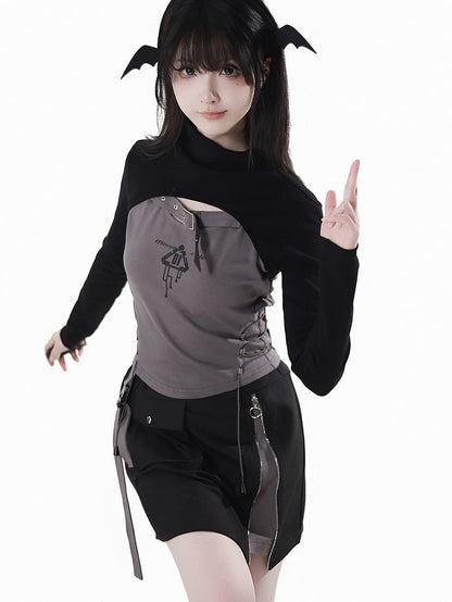 Neck Cropped Black Top Mock