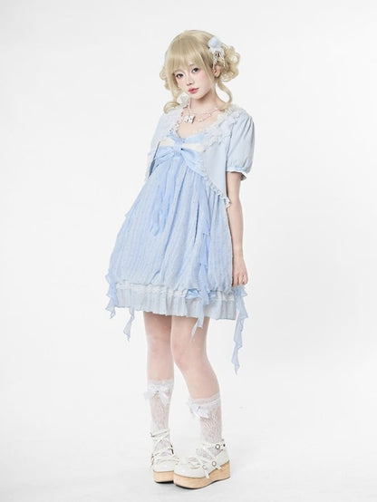 Blue Bow Cardigan with Lace Trim - Tan Tuan