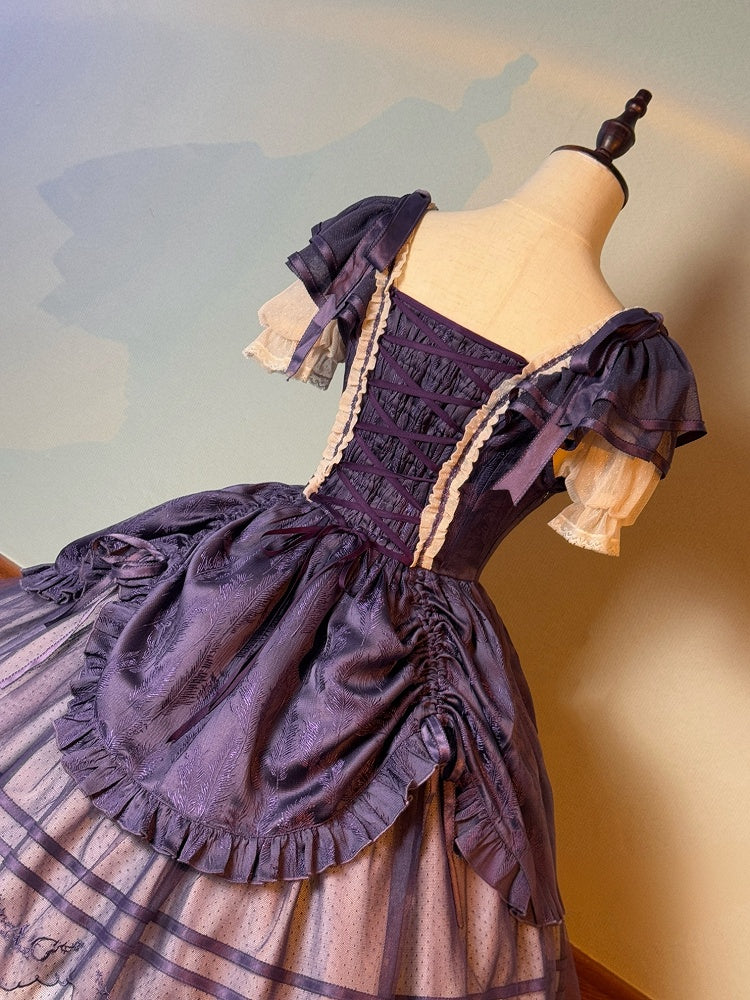 Lilafarbenes, quadratisches Ausschnitt-Feder-Jacquard-Kordelzugrock-Klassiker-Lolita-Kleid