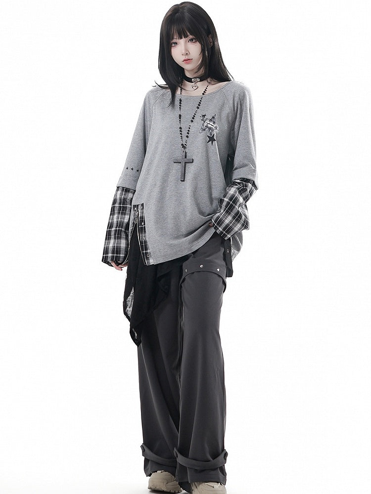 Hem Distressed Holes Black Adjustable with Belt Corset Asymmetrical Buckle
