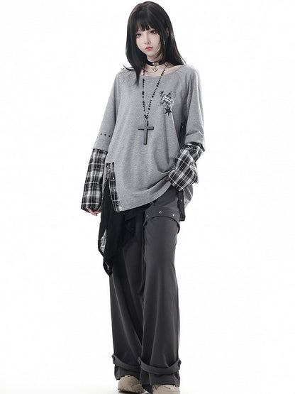 Studs with Pants Gray Metal Loose Straight-Leg