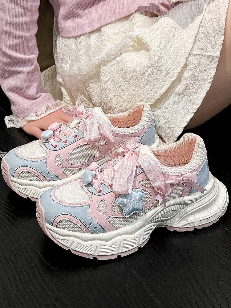 Sneakers Lolita Pink Pattern Plaid Sweet - Lace-Up Blue Closure