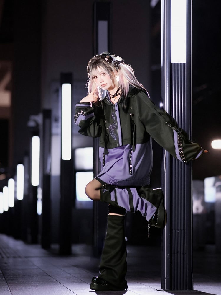 Panel Black with - Futuristic Techwear Detachable Kei Cat-Ear Purple Jirai Jacket Hood Streetwear