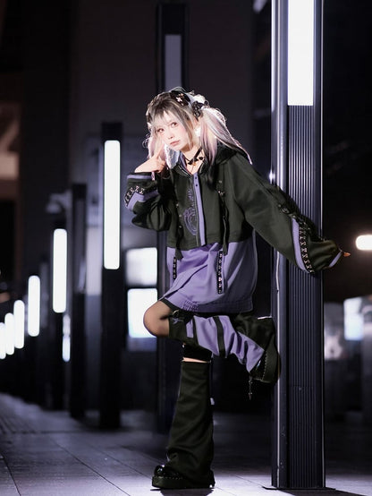 Panel Black with - Futuristic Techwear Detachable Kei Cat-Ear Purple Jirai Jacket Hood Streetwear