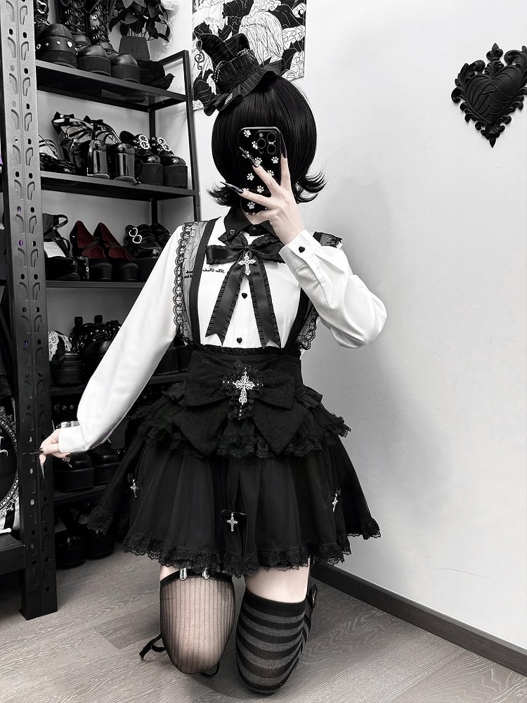 Bow + Tulle Black Jirai Skirt Kei Shirt Cross White Lace Set