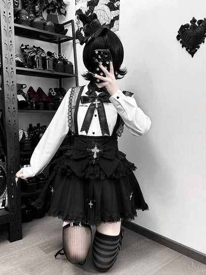 Bow + Tulle Black Jirai Skirt Kei Shirt Cross White Lace Set