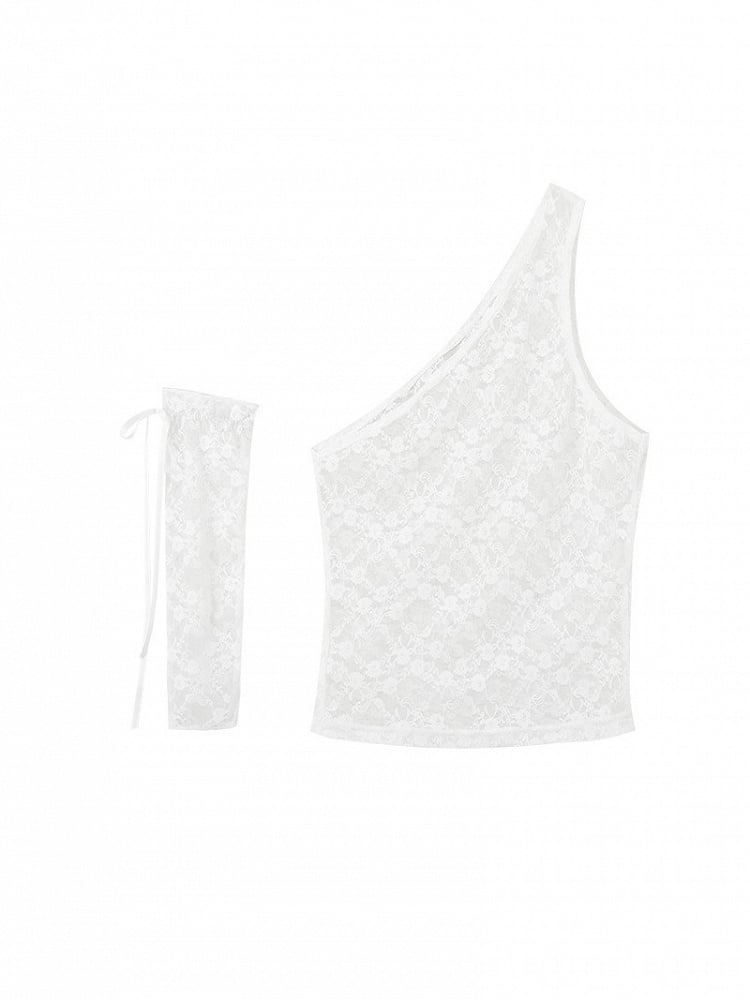 Jacquard Tank Lace Ribbon with Sheer White Tie Floral Top One-Shoulder Sleeves