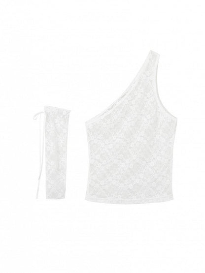 Jacquard Tank Lace Ribbon with Sheer White Tie Floral Top One-Shoulder Sleeves