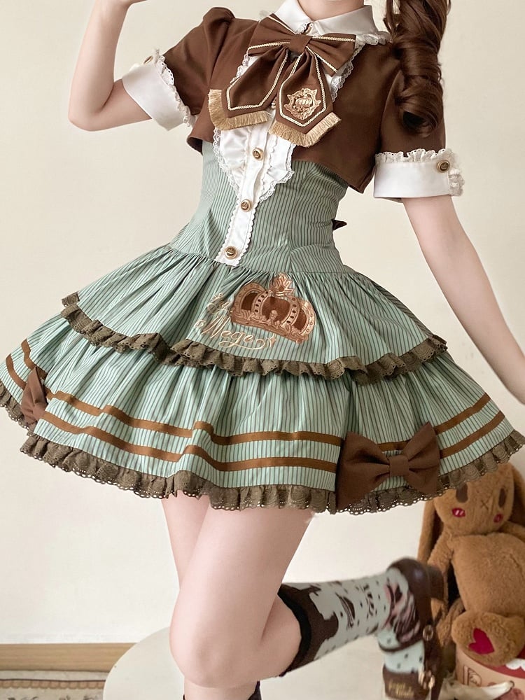 Green and Brown Preppy Striped Two-Piece Gown with Crown Embroidery - Fairy Faith