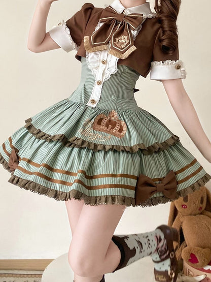 Green and Brown Preppy Striped Two-Piece Gown with Crown Embroidery - Fairy Faith