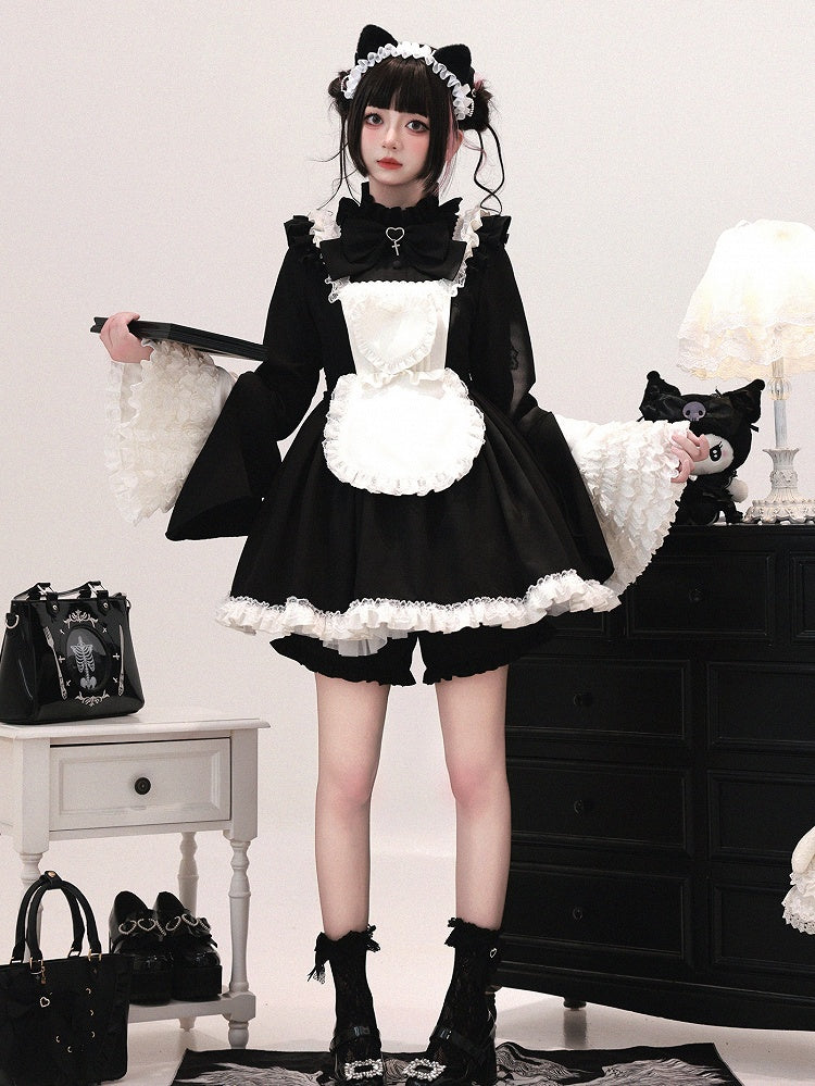 Black & White Jirai Kei Maid Outfit - Bell Sleeve Dress with Apron & Shorts