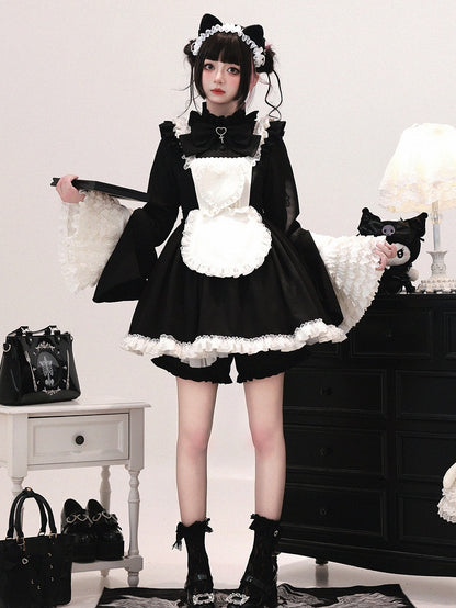 Black & White Jirai Kei Maid Outfit - Bell Sleeve Dress with Apron & Shorts
