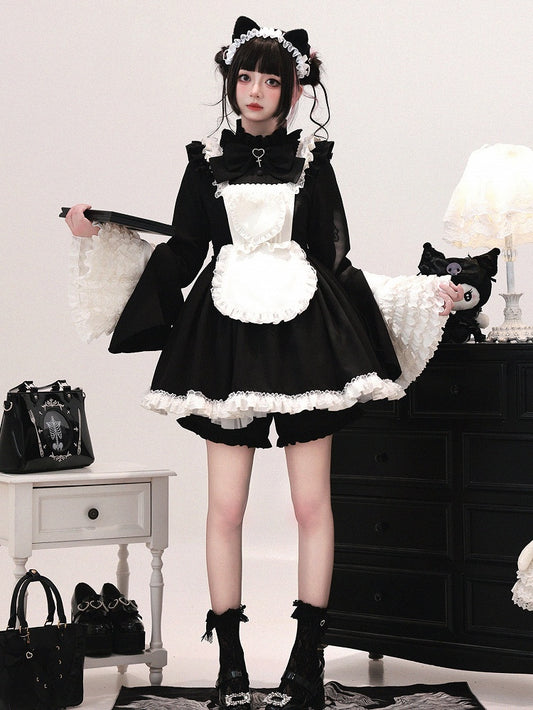 Black & White Jirai Kei Maid Outfit - Bell Sleeve Dress with Apron & Shorts