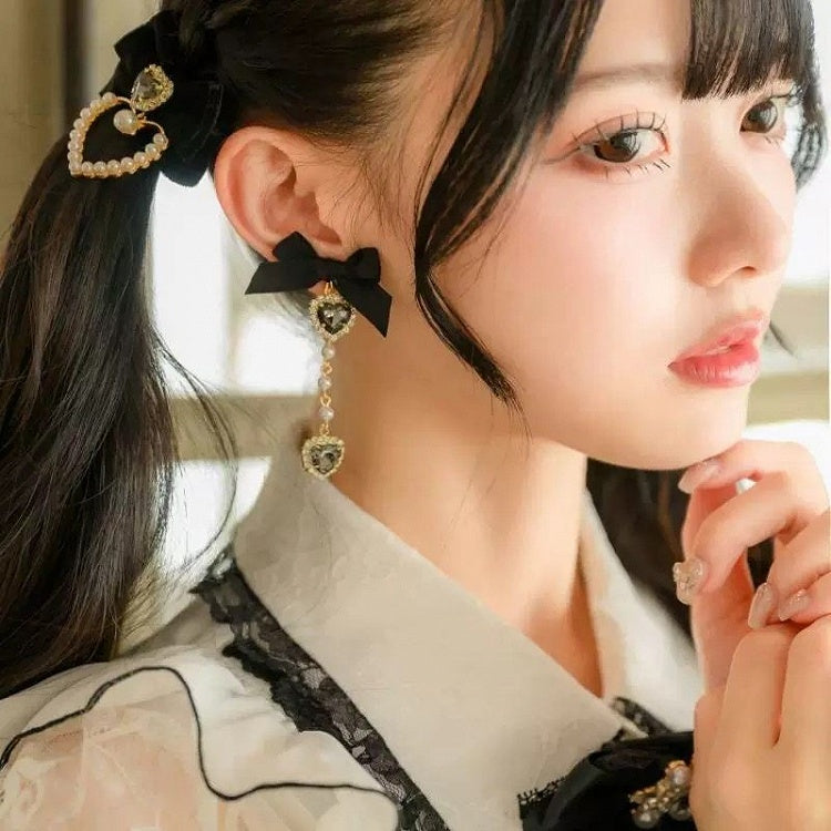 Black/Dusty Ear Jirai Kei Chain Bow Rhinestone Beaded Clips Pink