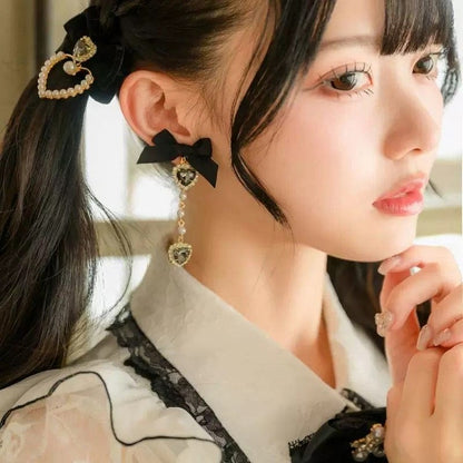 Black/Dusty Ear Jirai Kei Chain Bow Rhinestone Beaded Clips Pink